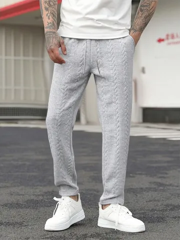 Men's Casual Cable Knit Sweatpants Solid Color Drawstring Wide Leg Straight Trousers Loose Fit Soft Bottom For Autumn Spring
