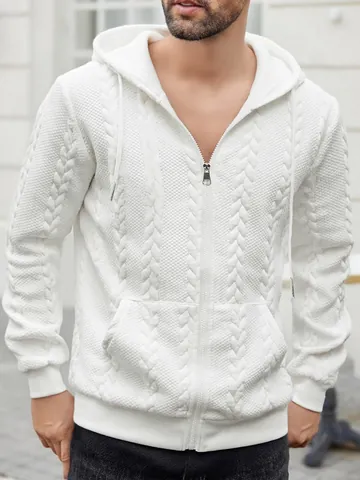 Men Casual Full Zip Hooded Sweatshirt Cable Knit Jacquard Pattern Solid Color Jacket With Pockets Top For Men Everyday Wear