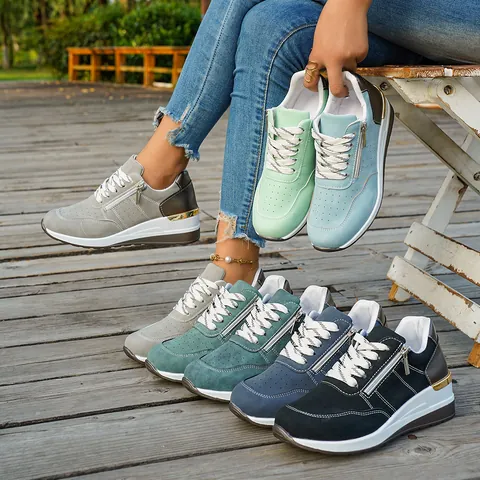 Women's Fashion PU Leather Platform Sneakers Casual Low-Top Color-Block Lace-Up Sports Shoes With Side Zipper Plus Size