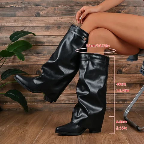 Bottes Guêtres à Bout Pointu pour Femmes Talon Épais Style Shark Lock en Cuir Microfibre Bottes Hautes avec Boucle en Métal Chaussures de Mode