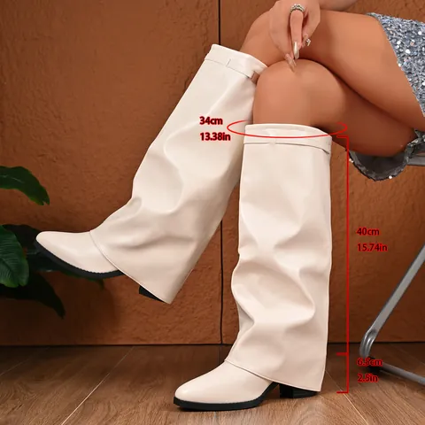 Bottes Guêtres à Bout Pointu pour Femmes Talon Épais Style Shark Lock en Cuir Microfibre Bottes Hautes avec Boucle en Métal Chaussures de Mode