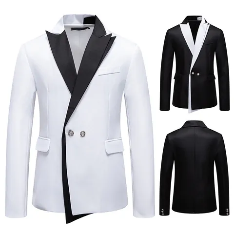 Fashion Men Contrast Color Slim Fit Blazer Chlorofibre Polyester Rhinestone Buttons Formal Suit Top For Wedding Performance Banquet
