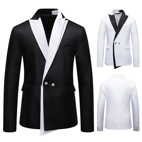 Fashion Men Contrast Color Slim Fit Blazer Chlorofibre Polyester Rhinestone Buttons Formal Suit Top For Wedding Performance Banquet