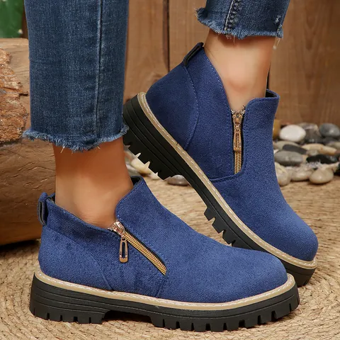 Bottes Martin pour Femmes Bout Rond Fermeture Éclair Latérale Talon Épais Plateforme Bottines Décontractées Hiver en Flanelle Bottes Courtes Chaussures