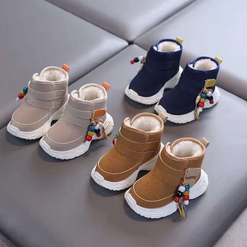 Toddler Kids Winter Snow Boots Fleece Lined Warm Anti-Slip Shoes With Colored Beads Tassels Faux Suede Boots For Boys Girls