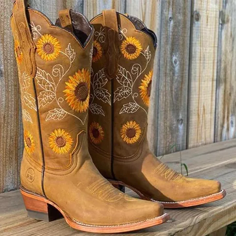 Women Western Cowboy Mid Calf Boots Sunflower Embroidered Chunky Heel Square Toe Retro PU Leather Fashion Martin Boots
