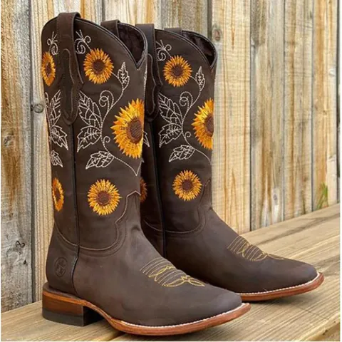 Women Western Cowboy Mid Calf Boots Sunflower Embroidered Chunky Heel Square Toe Retro PU Leather Fashion Martin Boots