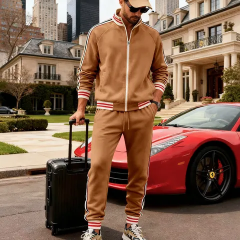 Men Heavyweight Fleece Casual Sportswear Top And Bottom Knitted Baseball Jacket Sweatpants Set Contrast Striped Stand Collar Tracksuit