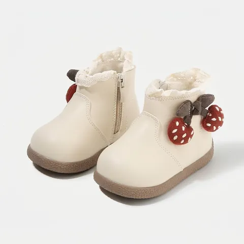 Kleinkind Mädchen Kunstleder Prinzessin Kurze Stiefel Mit Spitzenbesatz Erdbeere Schleife Dekoration Rutschfeste Weiche Sohle Seitenreißverschluss