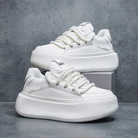 Men Chunky Bread Shoes Split Leather Thick Sole Sneakers European Trendy White Casual Platform Sneakers Height Increasing Shoes