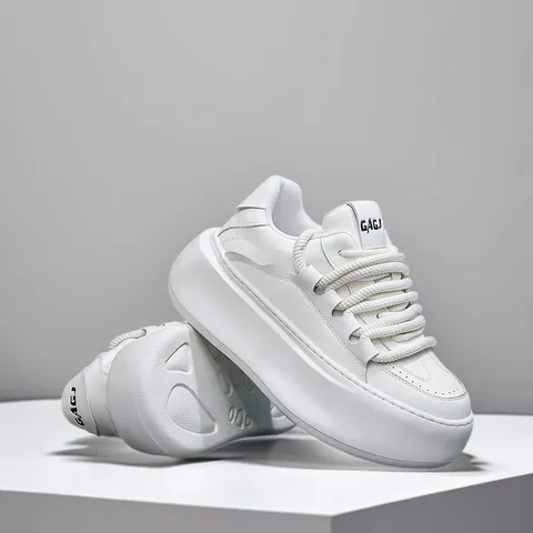 Men Chunky Bread Shoes Split Leather Thick Sole Sneakers European Trendy White Casual Platform Sneakers Height Increasing Shoes