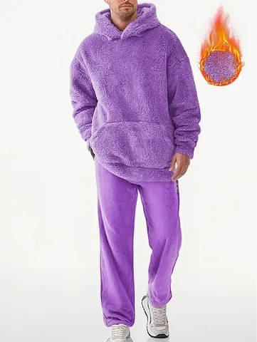Men's Winter Thick Coral Fleece Hooded Top And Bottom Warm Casual Drawstring Pocket Loungewear Sporty Leisure Sweatsuit