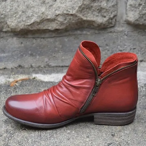 Botas Martin Vintage de Cuero PU para Mujer con Cremallera Lateral Punta Redonda Tacón Grueso Bajo Botines Casuales para Otoño Invierno