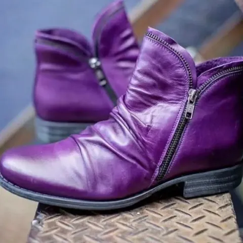 Women Round Toe Ankle Boots Retro Pleated Faux Leather Martin Boots Comfortable Thick Heel Double Side Zipper Winter Shoes