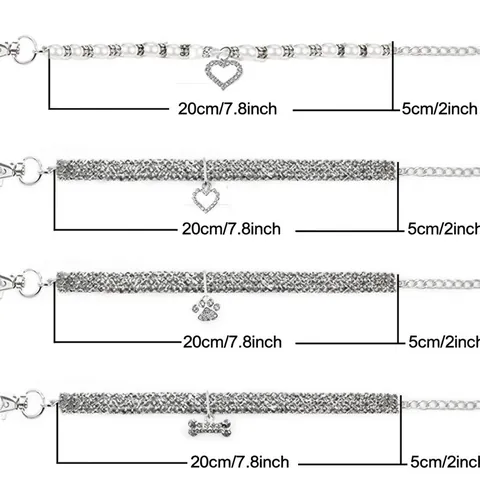 4Pcs Pet Collar Set For Dogs Cats Elastic Rhinestone Pearl Necklace With Heart Bone Paw Pendants Adjustable Puppy Kitten Jewelry