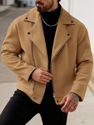 Giacca Biker da Uomo Casual Con Cerniera Asimmetrica Collo a Revers Cappotto in Poliestere Autunno Inverno Capispalla