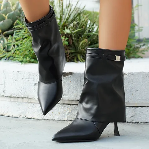 Women Pointed Toe Pant Leg Boots Stiletto High Heel Fashion Booties British Style PU Leather Solid Color Ankle Shoes