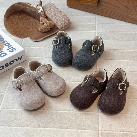 Kinder Retro Filz Clogs Winter Warm Plüsch Gefüttert Baumwollschuhe Koreanischer Stil Verstellbare Schnalle Hausschuhe Für Jungen Mädchen