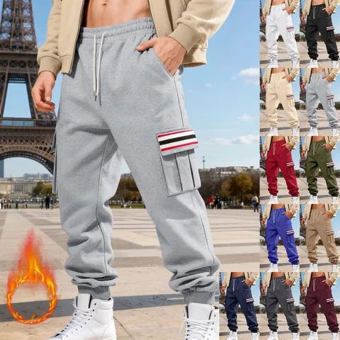 Men's American Winter Fleece Cargo Pants Solid Color Multi-Pocket Striped Sport Joggers Drawstring Cuffed Casual Trousers