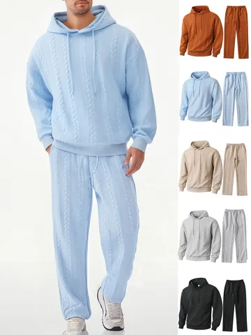 Men's Jacquard Solid Color Casual Hoodie And Pants Set Pullover Long Sleeve Sweatshirt Trousers Top And Bottom
