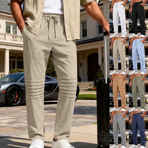 Pantaloni Casual Uomo Lino Traspirante Stile Americano Gamba Dritta Minimalista Plissettato Coulisse in Vita Pantaloni per il Tempo Libero