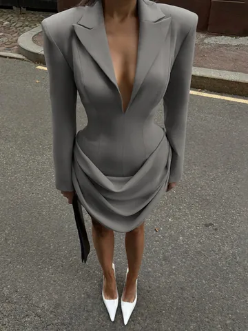 Vestito Blazer da Donna Elegante Scollo a V Profondo Vestibilità Aderente Spalline Manica Lunga Orlo Arricciato Mini Abito Tinta Unita Autunno Inverno Poliestere