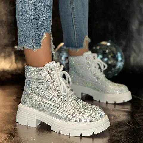 Bottes Martin en Strass pour Femmes Bling Cristal Semelle Épaisse Plateforme Bottines à Lacets Mode Étincelante Fête Bottes
