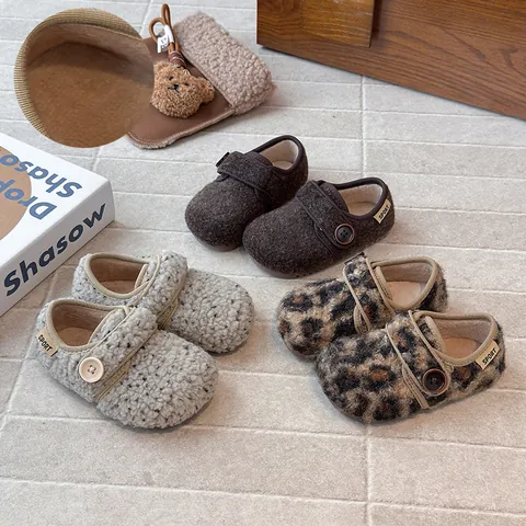 Γουνίνα Παπούτσια για Κορίτσια Στυλ Birkenstock με Επένδυση Fleece Γαλλικό Σχέδιο με Κουμπί Ζεστά Βαμβακερά Παπούτσια Λεοπάρ