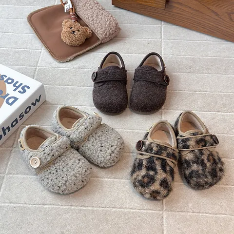 Γουνίνα Παπούτσια για Κορίτσια Στυλ Birkenstock με Επένδυση Fleece Γαλλικό Σχέδιο με Κουμπί Ζεστά Βαμβακερά Παπούτσια Λεοπάρ