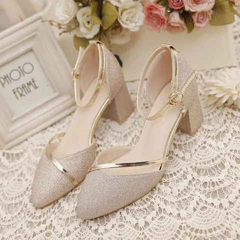 Women Pointed Toe Block Heel Sandals Glitter Sequin Ankle Strap Pumps Elegant Wedding Party Dress Shoes PU Leather Rubber Sole