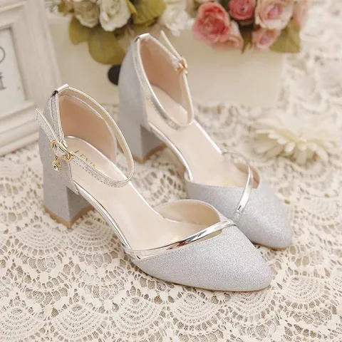 Women Pointed Toe Block Heel Sandals Glitter Sequin Ankle Strap Pumps Elegant Wedding Party Dress Shoes PU Leather Rubber Sole