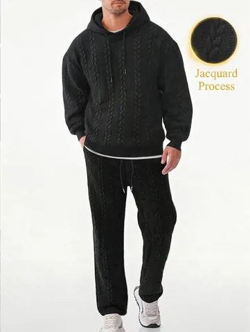 Men's Jacquard Solid Color Casual Hoodie And Pants Set Pullover Long Sleeve Sweatshirt Trousers Top And Bottom