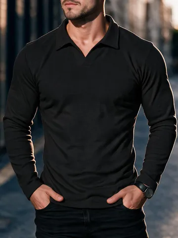 Herren Herbst Winter Langarm Poloshirt Einfarbig Polyester Dralon Stoff Casual Sportlich Top Atmungsaktiv Warm Weich Bekleidung