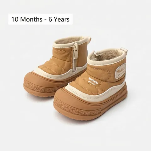 Kids Winter Leather Boots For Boys Girls Warm Thickened Faux Fur Lined Fashion Snow Boots Anti-Slip Rubber Sole Side Zipper Shoes