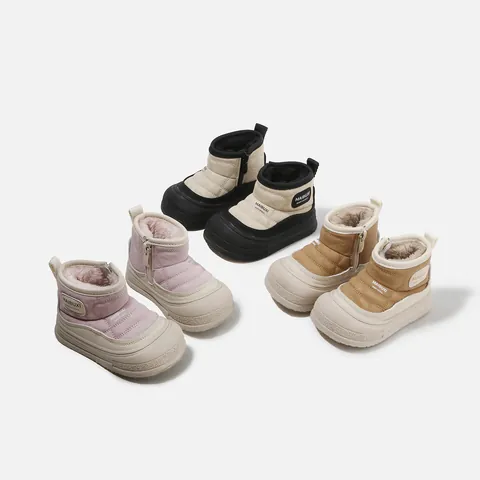 Kids Winter Leather Boots For Boys Girls Warm Thickened Faux Fur Lined Fashion Snow Boots Anti-Slip Rubber Sole Side Zipper Shoes