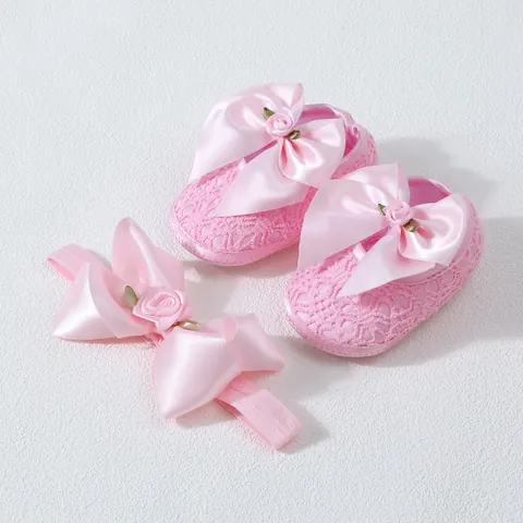Baby Girls Princess Lace Mesh Shoes With Headband Bow Rose Decoration Soft Sole Pre-walker For Infant 0-1 Year Old Birthday Party