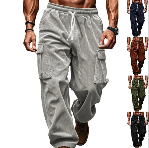 Men Vintage Corduroy Cargo Pants Casual Straight Leg Multi-pocket Loose Trousers Solid Color Drawstring Waist Autumn Winter Outdoor Bottoms