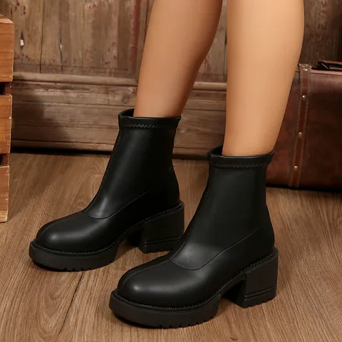 Dames Franse Retro Blokhak Chelsea Laarzen Ronde Neus Lakleer Slip On Martin Laarzen Antislip Mode Herfst Winter Laarzen