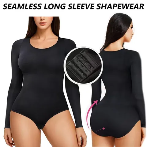 Women Long Sleeve Bodysuit Shapewear Tummy Control Butt Lift Seamless Round Neck Solid Color Nylon Slimming Bodysuit