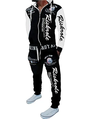 Men's Full Zip Hoodie Top And Bottom Polyester Printed Autumn Winter Casual Sportswear Jogging Suit