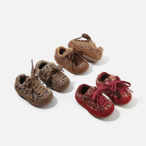 Baby Winter Walking Shoes Toddler Fleece Lined Warm Sneakers Non-Slip Knit Patchwork Pigskin Casual First Walker Shoes