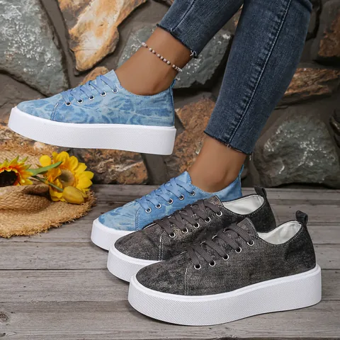 Γυναικεία Casual Denim Sneakers Πλατφόρμα Με Κορδόνια Στρογγυλή Μύτη Πλυμένο Μπλε Καφέ Denim Μόδα Παπούτσια