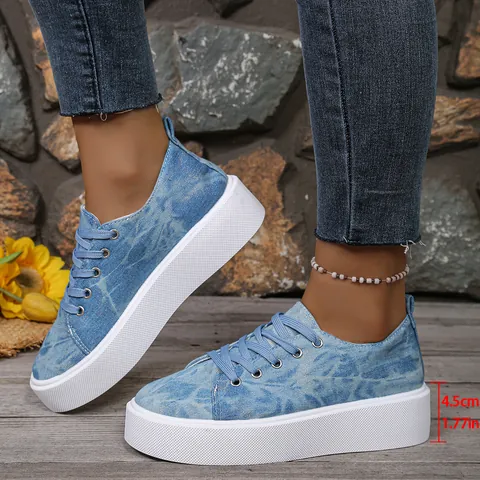 Γυναικεία Casual Denim Sneakers Πλατφόρμα Με Κορδόνια Στρογγυλή Μύτη Πλυμένο Μπλε Καφέ Denim Μόδα Παπούτσια