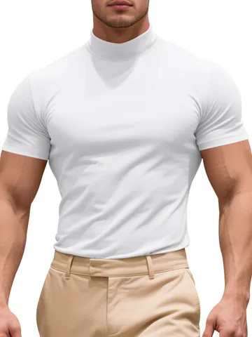T-Shirt à Manches Courtes Coupe Slim à Col Montant pour Homme Couleur Unie Top en Polyester à Haute Élasticité Tee Décontracté Style Gentleman