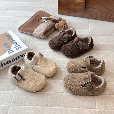 Zapatos de Algodón para Niños Estilo Vintage Birkenstock Cálidos Forrados de Felpa Cuero Artificial Sherpa Zuecos para Niños Niñas Invierno