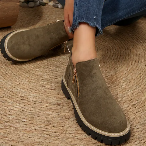 Bottes Martin pour Femmes Bout Rond Fermeture Éclair Latérale Talon Épais Plateforme Bottines Décontractées Hiver en Flanelle Bottes Courtes Chaussures