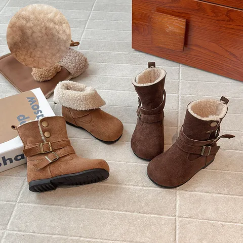 Bottes Martin Rétro pour Filles en Similicuir Doublées Polaire Mi-Mollet Hiver Chaud Bottes de Neige Pliables avec Boucle en Métal