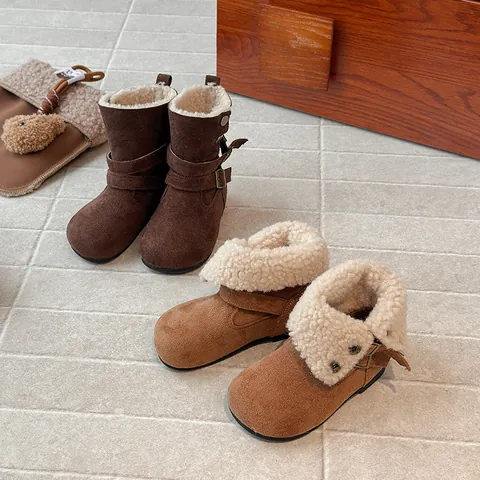 Bottes Martin Rétro pour Filles en Similicuir Doublées Polaire Mi-Mollet Hiver Chaud Bottes de Neige Pliables avec Boucle en Métal