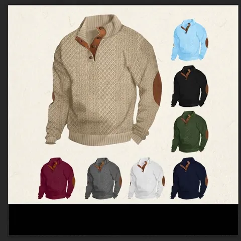 Men Stand Collar Long Sleeve Jacquard Sweatshirt Vintage Casual Top With Button Placket And Contrast Elbow Patches Polyester