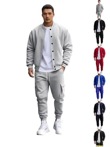 Men's American Stand Collar Baseball Jacket And Cargo Pants Set Fleece Lined Sportswear Winter Casual Top And Bottom